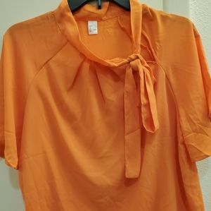 Orange Side Bow Neck Tie Flutter Sleeve Blouse